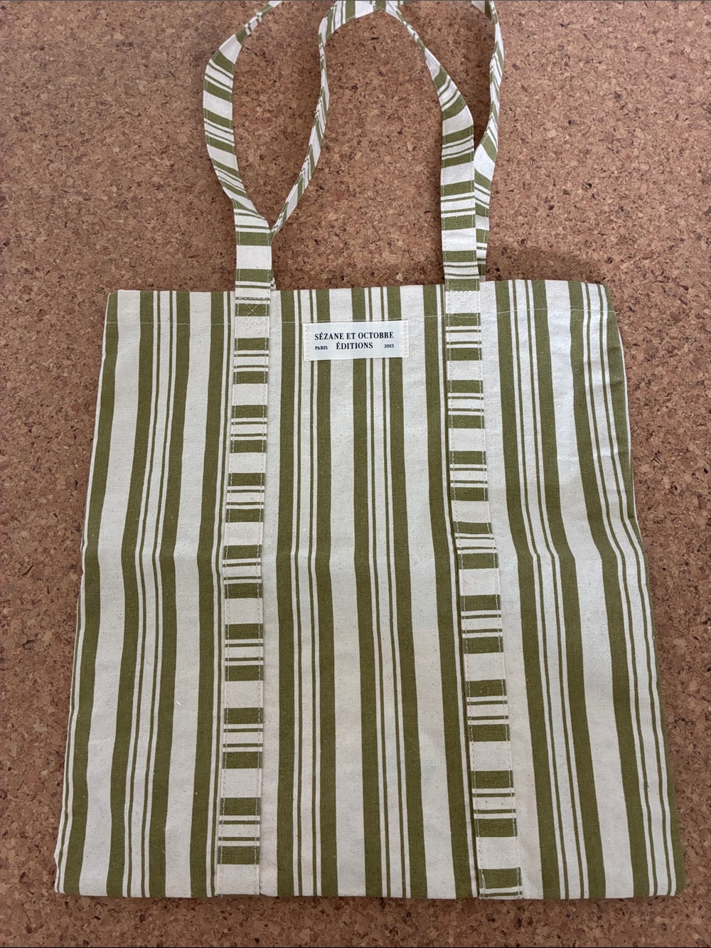 Sezane Olive & Cream Striped Canvas Shopper Tote